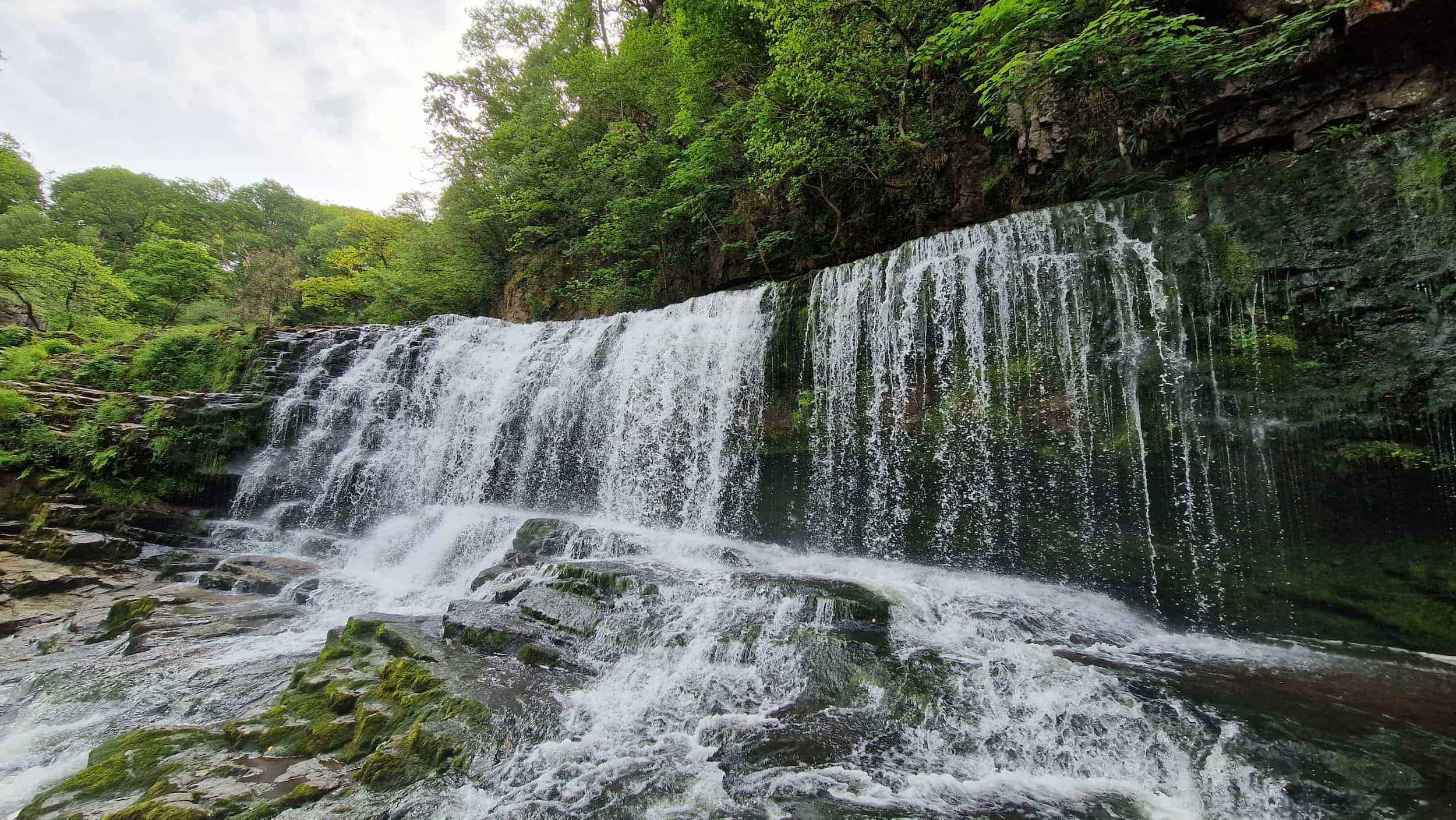 A serene waterfall cascading through a lush green forest, surrounded by trees and natural beauty.